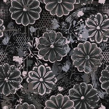 Camo pattern with chamomile, paint brush strokes Stock Illustration