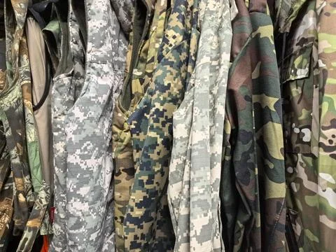 Camo pattern collection showcases diverse military and outdoor styles Stock Photos