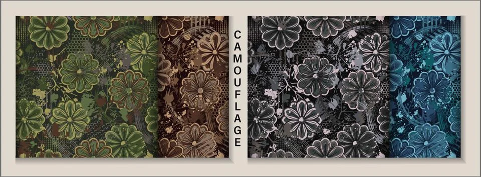 Camo patterns with chamomiles, paint splatter Illustrazione stock