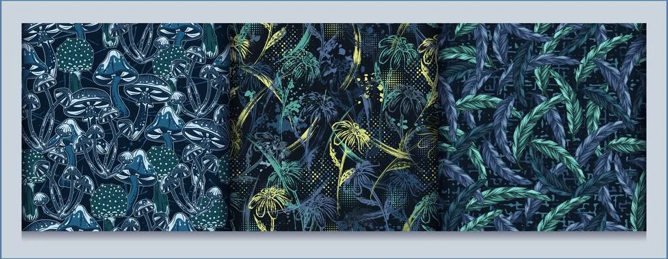 Camo patterns with feathers, chamomile, mushrooms Stock Illustration