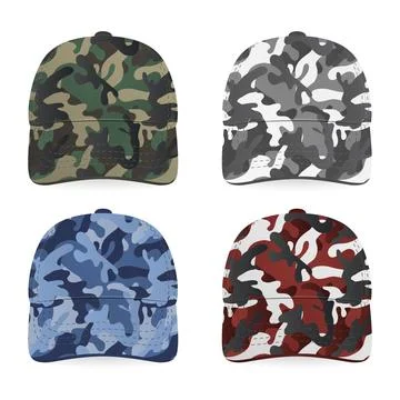 Camouflage Baseball Cap Set. Vector Camouflage Baseball Cap with Army Pattern in Illustrazione stock