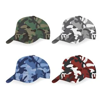 Camouflage Baseball Cap Set. Vector Camouflage Baseball Cap with Army Pattern in イラスト素材