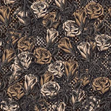 Camouflage brown pattern with lush blooming roses Illustrazione stock