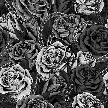 Camouflage gray pattern with lush blooming roses, gray leaves, chains. Stock Illustration