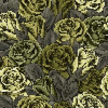 Camouflage green pattern with lush blooming roses. PIXEL retro effect. Stock Illustration