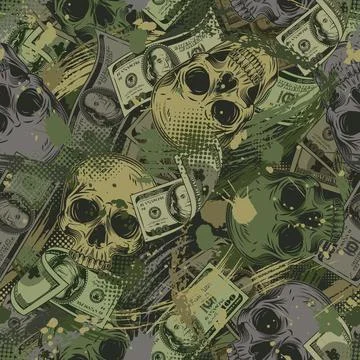 Camouflage grunge pattern with skulls dollar bills Stock Illustration