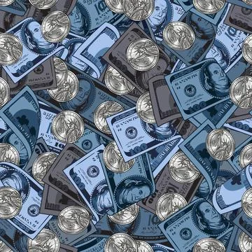 Camouflage pattern with 100 dollars notes, coins Illustrazione stock