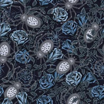 Camouflage pattern with blue roses, spiders of silver metallic jewelry chain Stock Illustration
