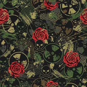 Camouflage pattern with ionizing radiation symbol, paint, skulls, roses Stock Illustration
