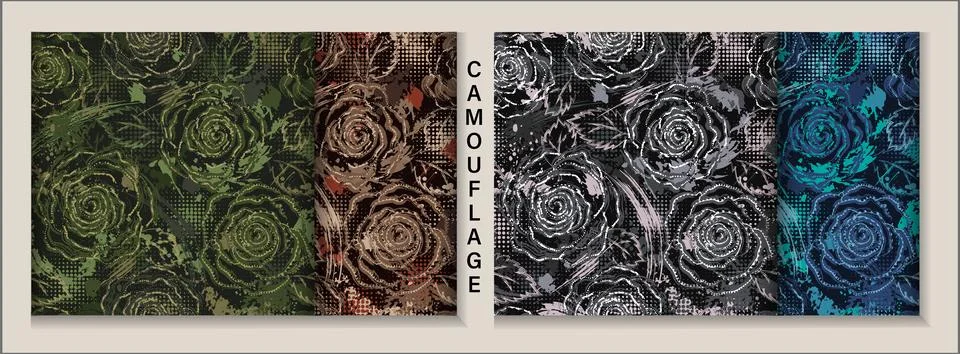 Camouflage pattern with roses, splattered paint Illustrazione stock