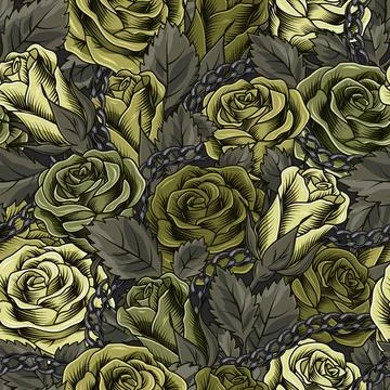 Camouflage pattern with roses, stainless chains Stock Illustration