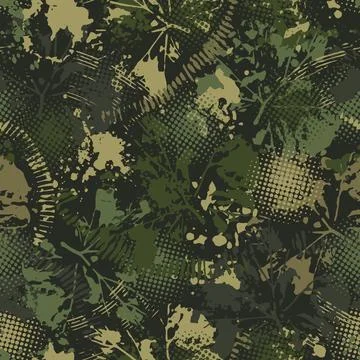 Camouflage pattern with splattered paint, leaves Illustrazione stock
