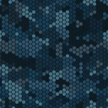 Camouflage seamless pattern with blue hexagonal geometric camo ornament Stockillustratie