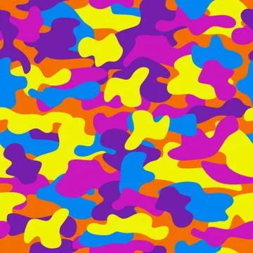 Camouflage seamless pattern in a violet, orange, blue, yellow and deep blue Ilustración de archivo