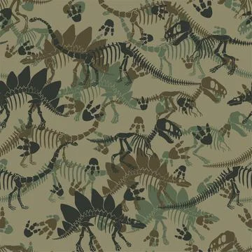 Camouflage vector pattern with dinosaur skeleton. Stock Illustration