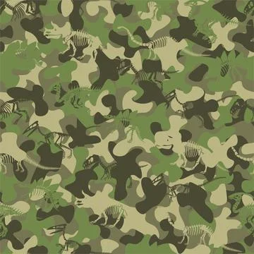 Camouflage vector pattern with dinosaur skeleton. Stock Illustration