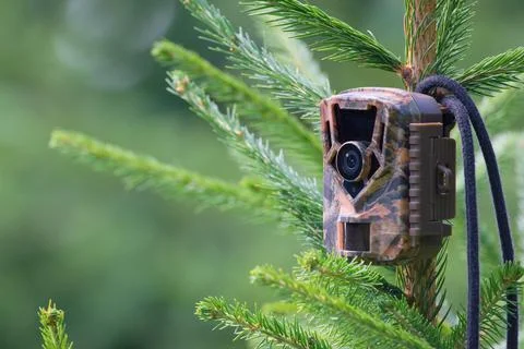 Camouflage wildlife camera trap on the tree Stock Photos