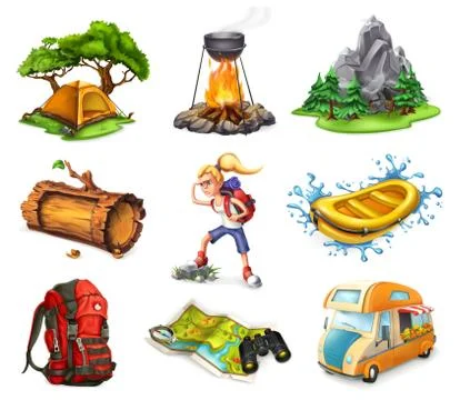 Camp and adventure, 3d vector icons set Stock Illustration