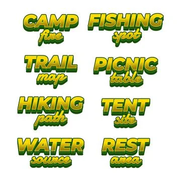 Camp area text effect set in yellow green colors Stock-Illustration