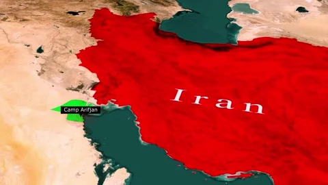 Camp Arifjan Location Map Near Iran, 3D Map Animation Stock Footage 344326636