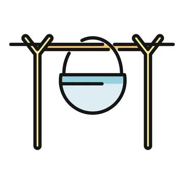 Camp cauldron hanging on a tripod over a campfire Stock Illustration