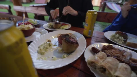 Camp dinner table full of Bosnian food and cuisine Video stock 143890913