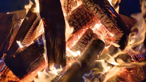 Camp fire burning hot with glowing orange coals Stock Footage 158521144