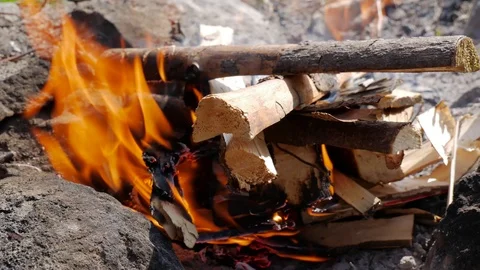 Camp fire close up shot Stock Footage 105986580