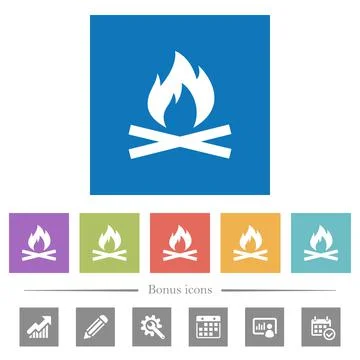 Camp fire flat white icons in square backgrounds Stock Illustration