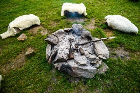Camp fire made of stone ring, traditional, authentic, laid out in a circle Stock Photos