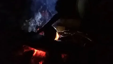 Camp fire at night close up. Slow motion. Stock Footage 115546456