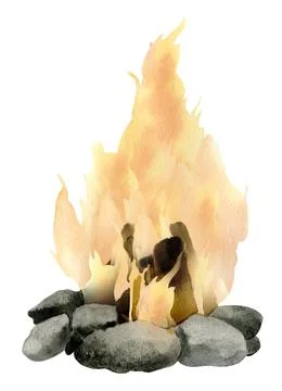 Camp fire with orange flame and wooden lags. Hand drawn watercolor illustration Stock Illustration