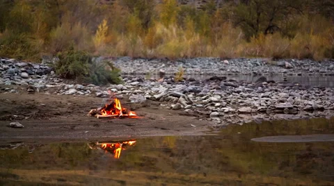 Camp Fire on the River Bank Stock Footage 49411002