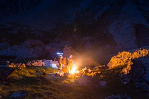 Camp Fire in Summer Stock Photos