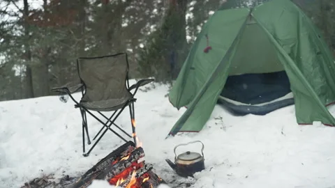 Camp with a fire in the winter forest. Video stock 169747993