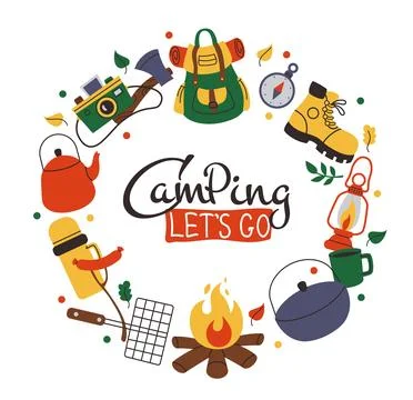 Camp frame. Round border with camping elements. Hiking and forest adventures Stock Illustration