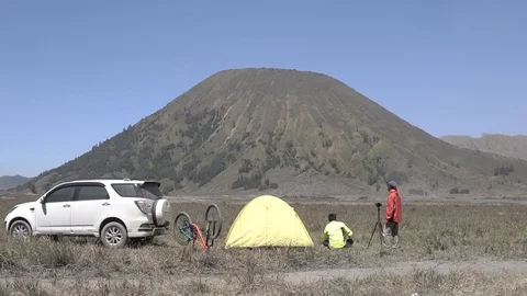 Camp ground in volcano Bromo Stock Footage 92003679