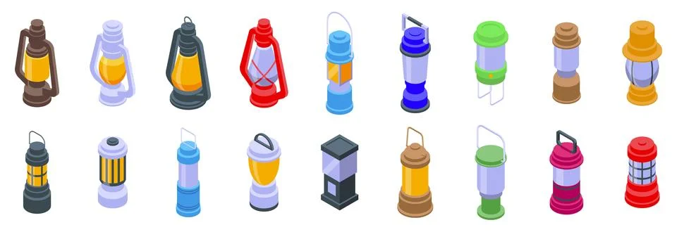 Camp lantern icons set. Assorted vibrant lanterns displayed in a row Illustration