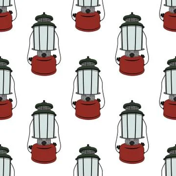 Camp lantern seamless pattern. Travel equipment and gear wallpaper background Stock Illustration