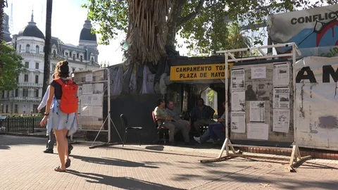 Camp of the Malvinas War Veterans Protest at the Plaza de Mayo. Buenos Aires Stock Footage 99721912