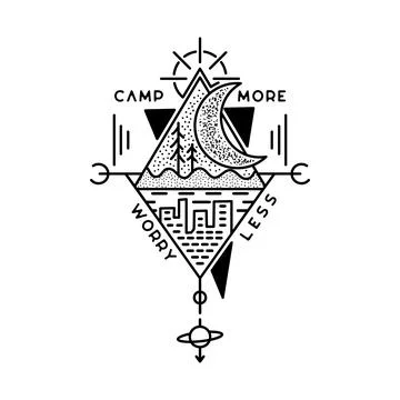Camp more worry less badge design. Outdoor adventure crest logo with trees and Illustrazione stock