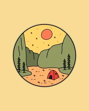 Camp in mountain valley vector design, Tee design, T-Shirt Design Stock Illustration