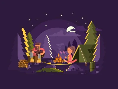 Camp is near a fire Stock Illustration