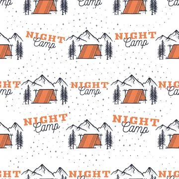 Camp night pattern. Adventure seamless background. Nature hiking scene. Stock Stock Illustration