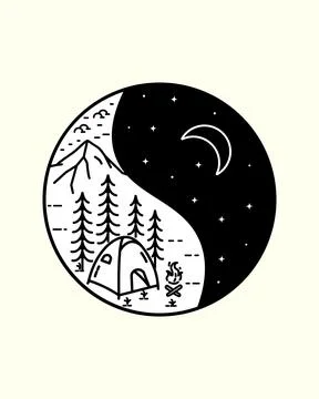 The camp in the night in yin yang concept , mono line art, patch badge design Stock Illustration