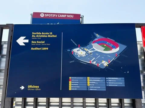 Camp Nou stadium map and Spotify signage at entrance in Barcelona, Spain gu.. Stock Photos