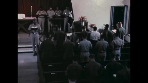 CAMP SAMAE SAN - 1970: Chapel dedication - Congregation standing in the pews Vídeo Stock 343935176
