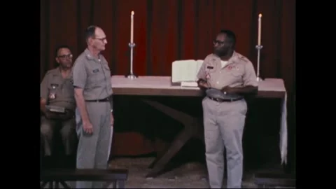 CAMP SAMAE SAN - 1970: Chapel dedication - Open Bible and tapers on the altar 库存影片 343935191