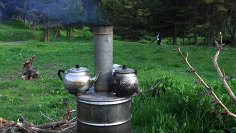 Camp samovar in forest. Turkish tea is being preparing. Stock Footage 277449568