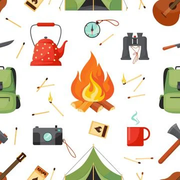 Camp seamless pattern. Summer adventure abstract picnic background. Tourism on Stock Illustration